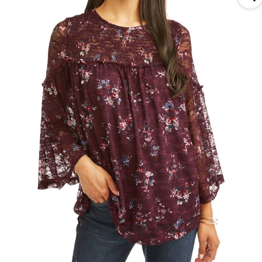 XL 16-18 Time&Tru Peasant smocking lace yoke,bell sleeves light Floral Burgundy